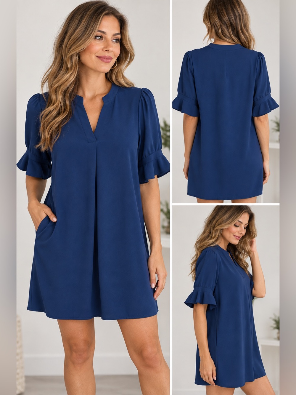 Women's Navy Split-Neck Ruffle Sleeve Midi Dress